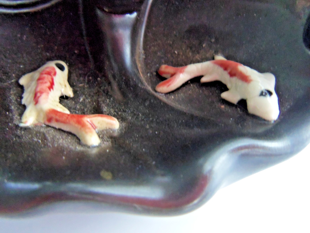 Ceramic Iridescent Green Waterfall Incense Burner W/ Koi Fish