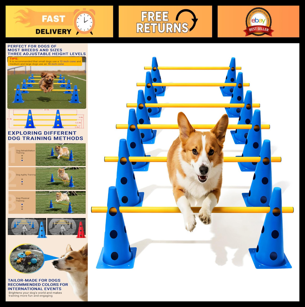 Backyard Dog Agility Course Set - Adjustable Hurdle & Cone Equipment for Trainin
