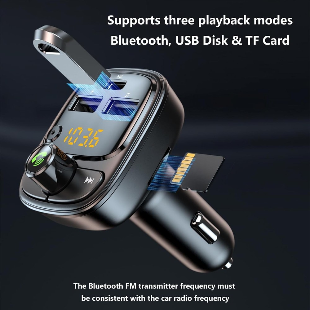 Bluetooth 5.3 FM Transmitter Car Adapter Wireless MP3 Player 42W USB C Charger