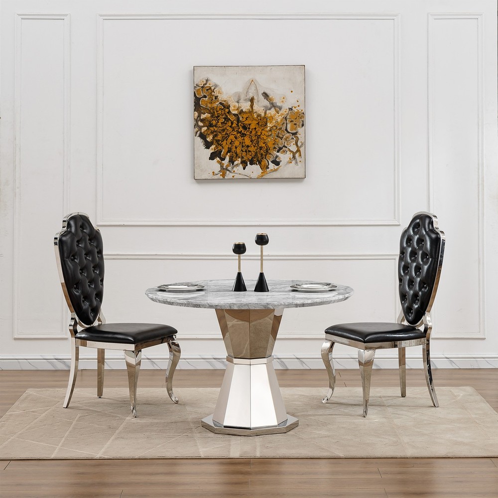 47" Round Marble Dining Table, Modern Kitchen Table with High Gloss Faux Marbl