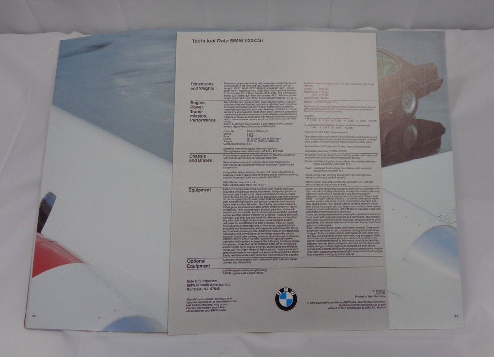 BMW 1981 633 CSI Brochure and technical data Sheet