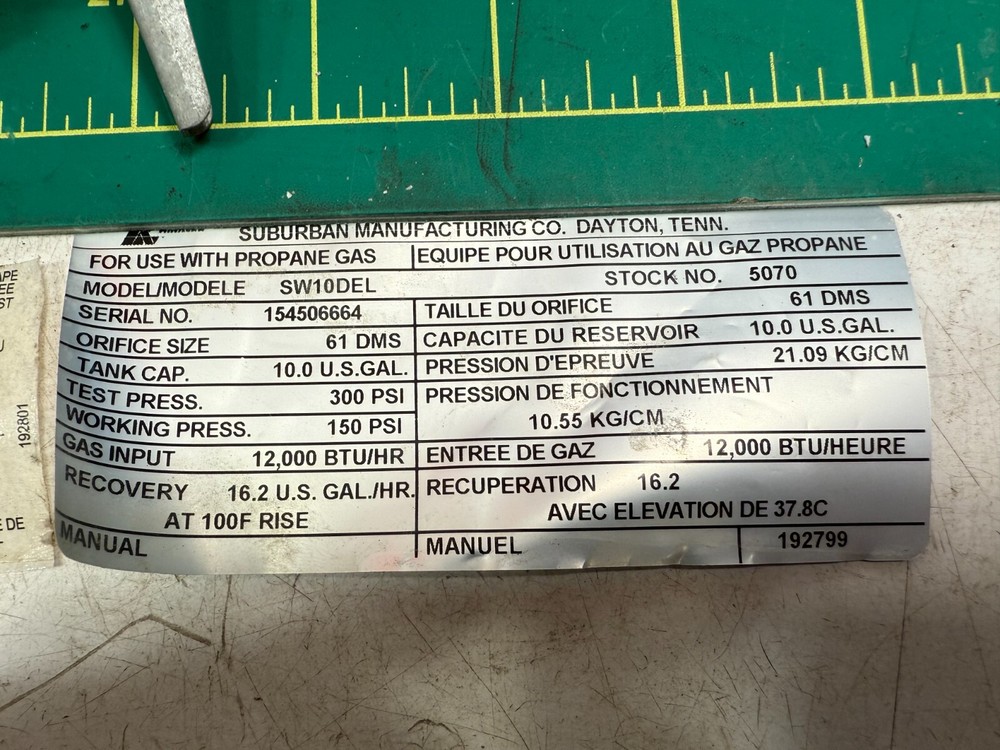 Suburban DSI Gas Electric Water Heater SW10DEL 10 Various Parts Bundle