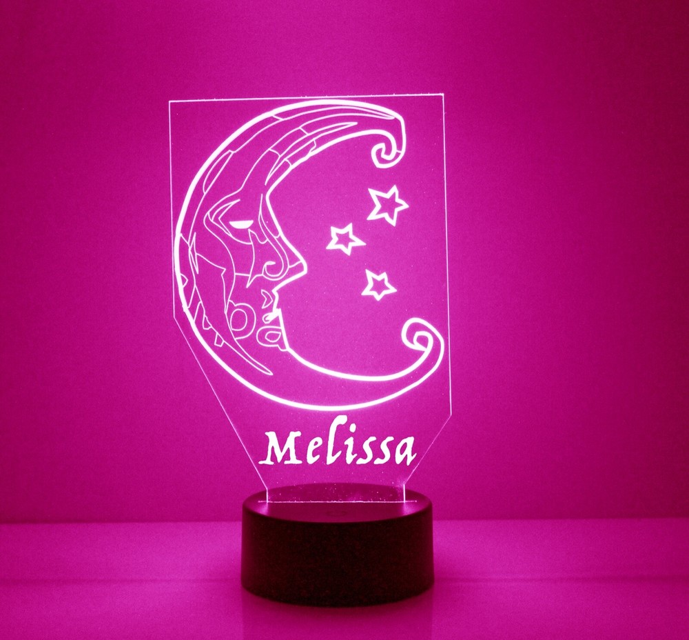 Crescent Moon & Stars Personalized Night Lamp FREE Engraved Name LED Light