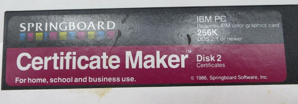 Certificate Maker 5.25" Floppy Disks IBM PC DOS 2.1 1986 Springboard Software