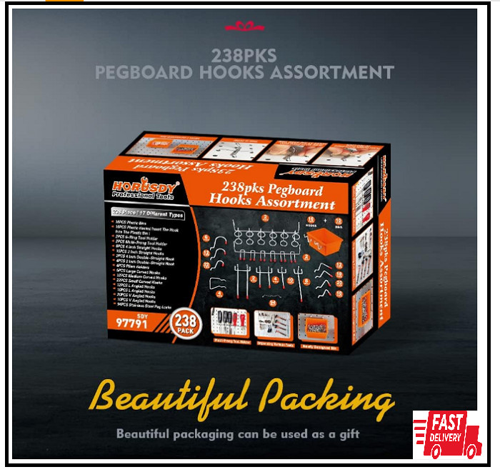 HORUSDY 238-Piece Pegboard Hooks Assortment, Pegboard Accessories with Pegboard