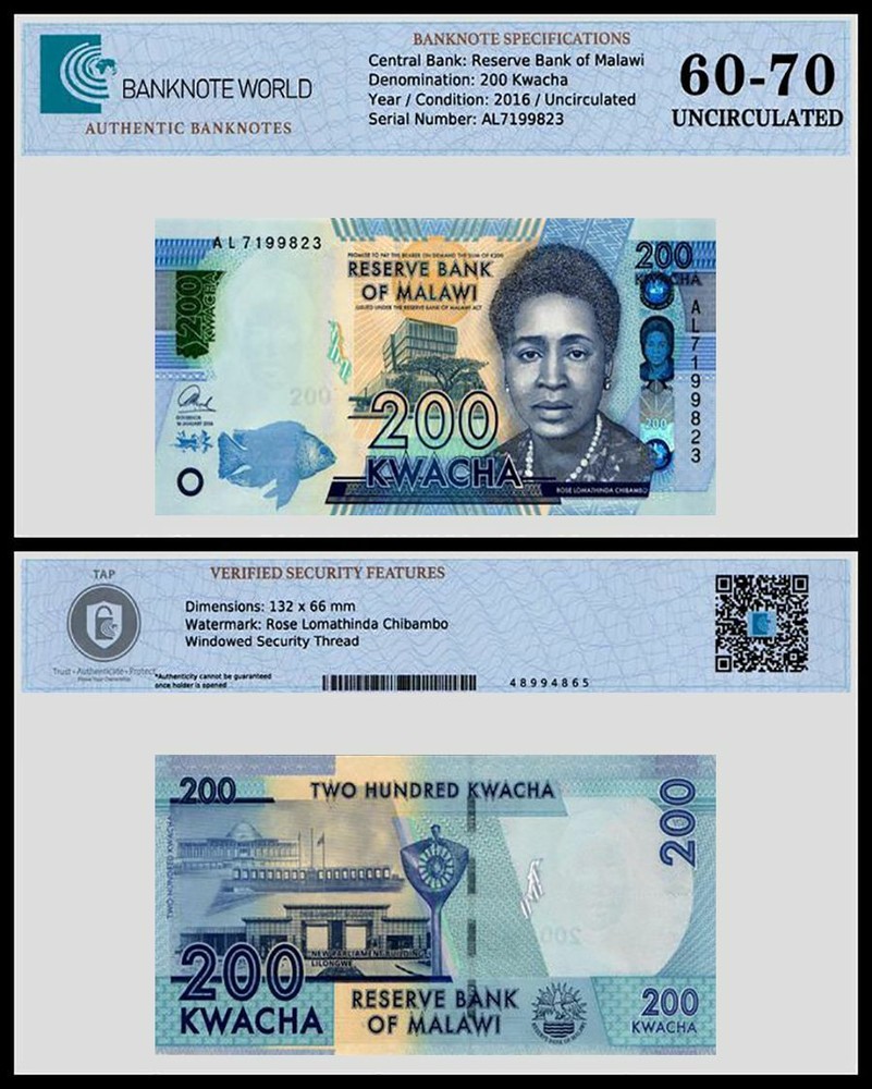 Malawi 200 Kwacha, 2016, P-60c, UNC, Authenticated Banknote