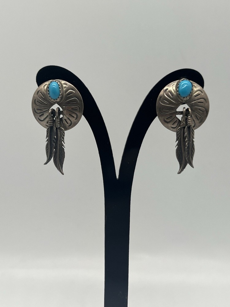 Sterling Silver & Turquoise Dream Catcher Feather Dangle Earrings