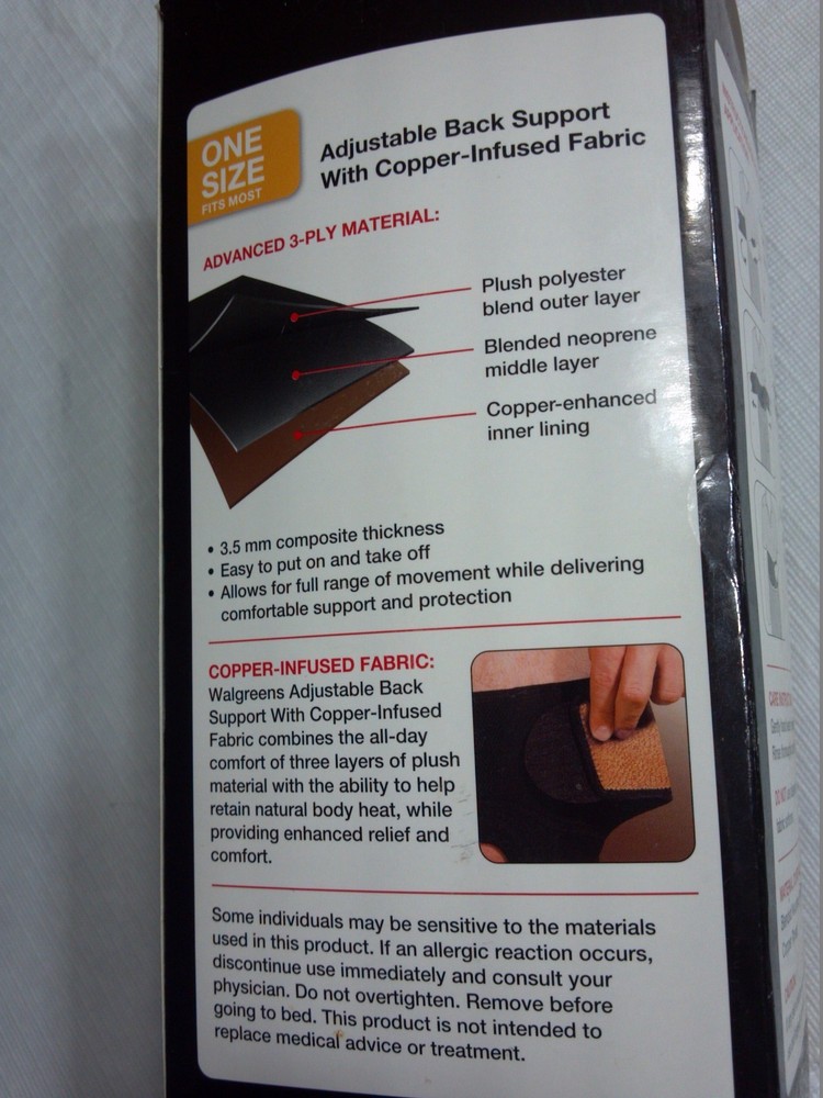 Walgreens BACK SUPPORT WITH COPPER INFUSED FABRIC Adjustable, Antimicrobial