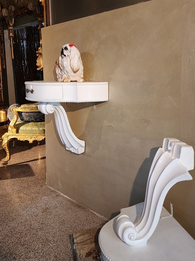 PAIR MID CENTURY MODERN Side Table or Consoles, Violin Scrolls Gloss White.