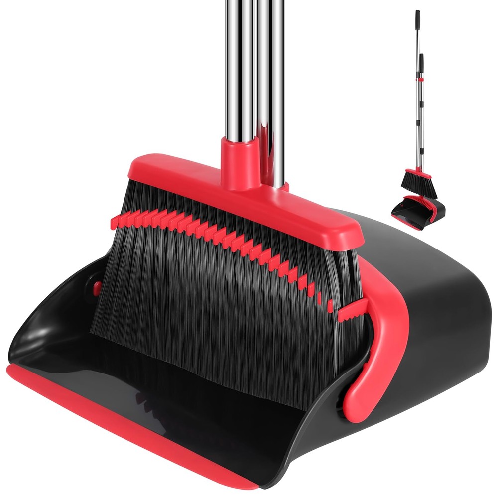 NACENA Broom and Dustpan Set, 52-in Long Adjustable Handle 1 Pack, Black-red