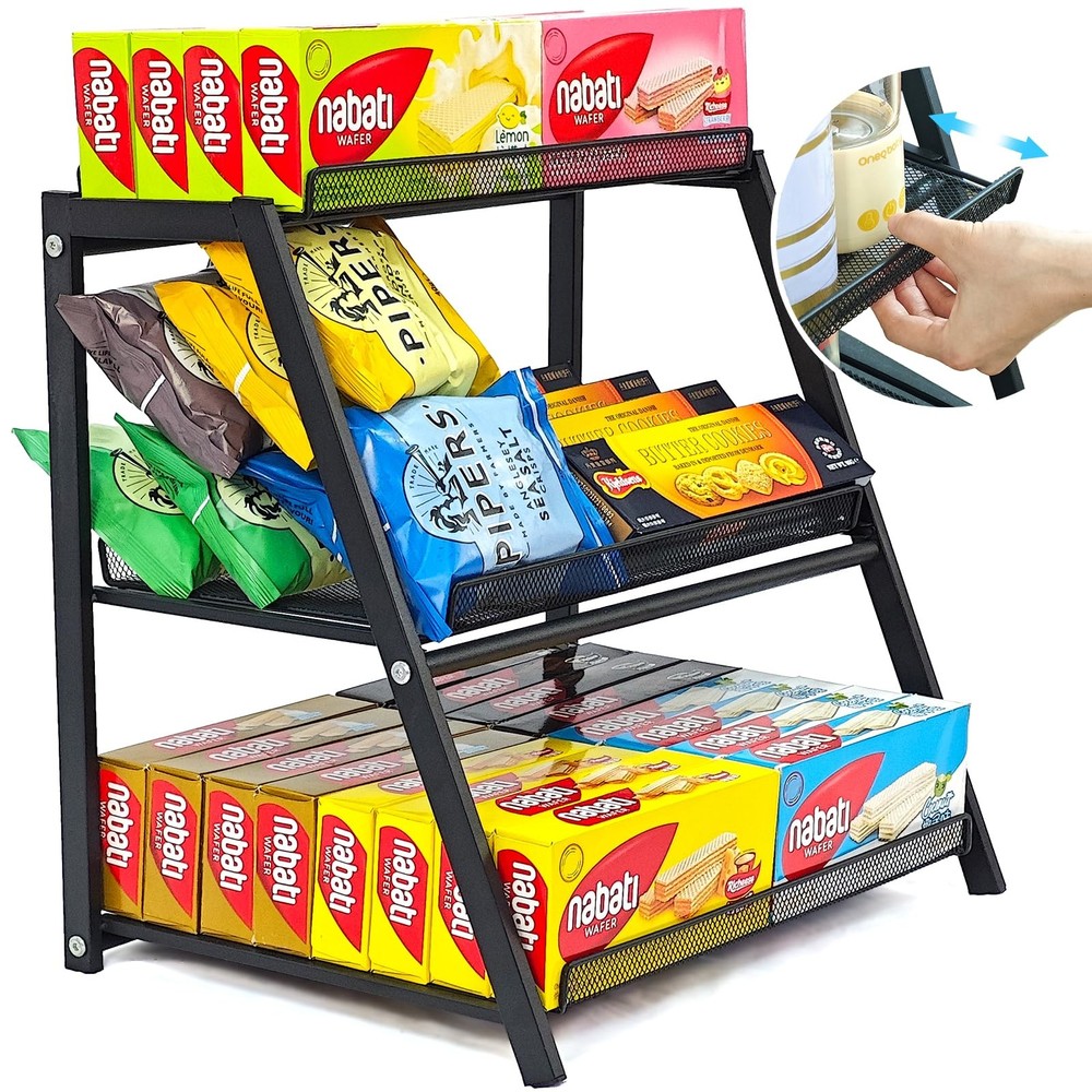 Candy Display Rack with Pull-out Tray, 3-Tire Snack Organizer for Countertop ...