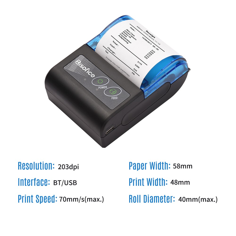 Bisofice 58mm Portable BT&USB Thermal Receipt Printer Mini Bill Ticket Printer E