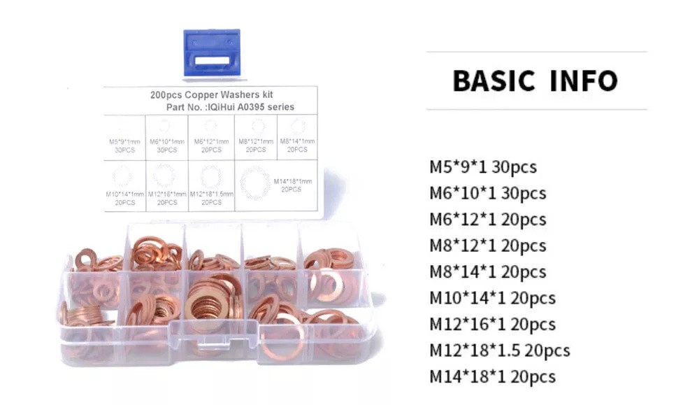 200x Solid Copper Crush Washer Gasket Set Flat O-Ring Seal Assortment Kits US