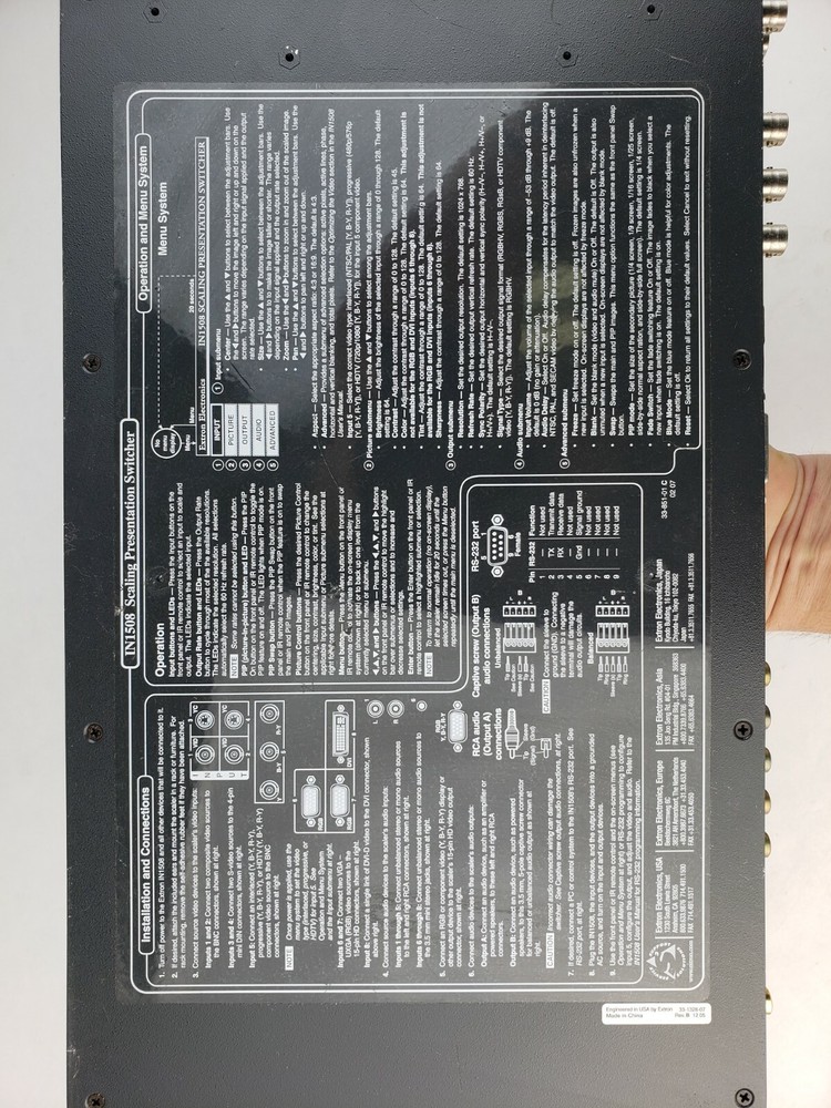 Extron IN1508 Eight Input Scaling Presentation Switcher Power Cord Controller