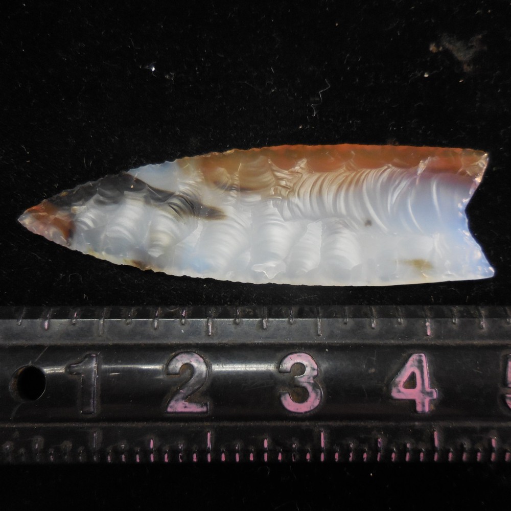 RARE MONTANA AGATE TRANSPARENT FLUTED CLOVIS POINT--CLASSIC FORM AND FLAKING