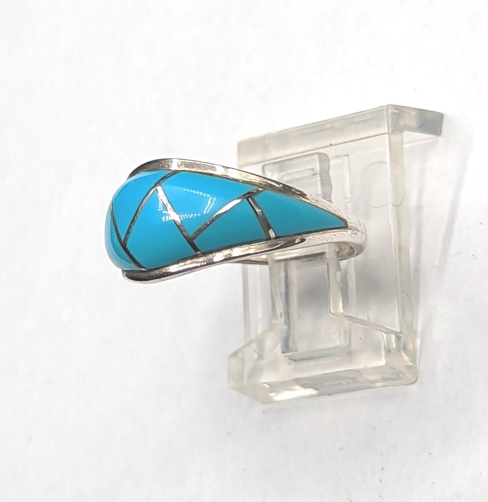 Sterling Silver Signed JJ Turquoise Blue Inlay Zig Zag Ring Size 6