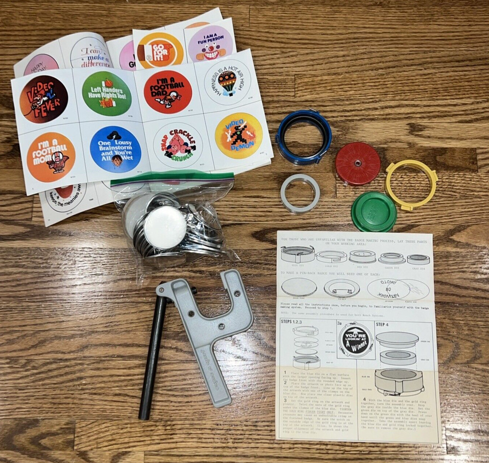 Vintage Badge-A-Minit Button Maker Hand Press Tool and Accessories