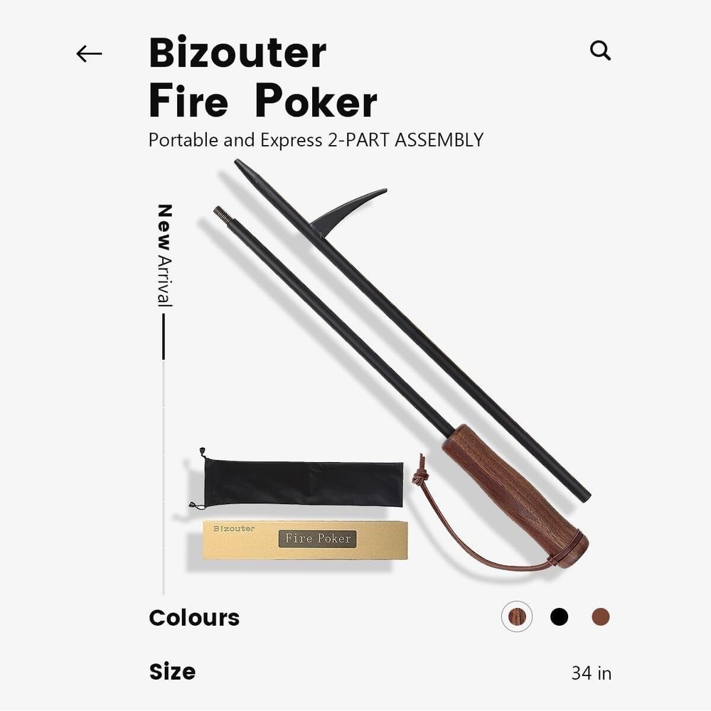 34"Fire Poker with Blower Poke Function and Wooden Handle Firepit Stoker Tool US