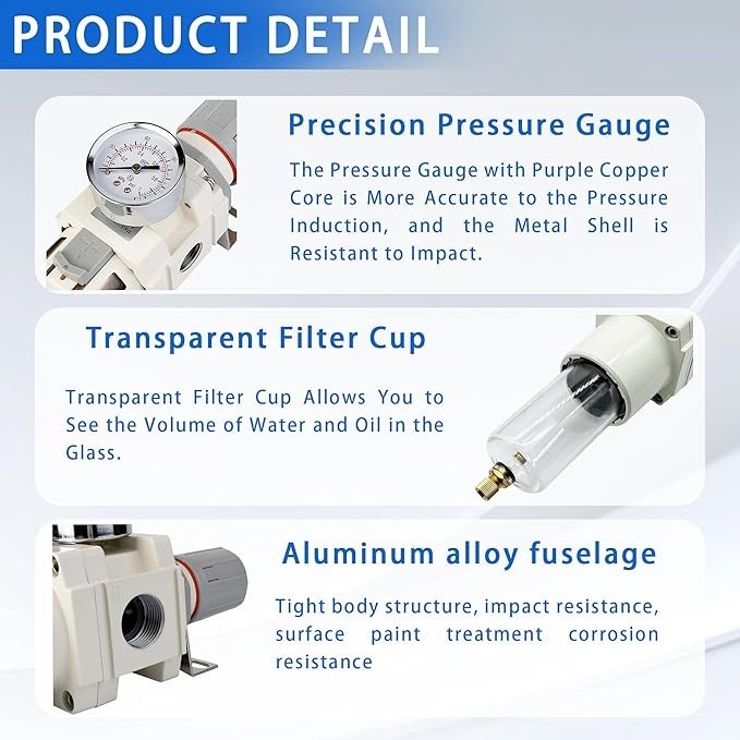 1" NPT Compressed Air Filter Regulator Combo, 5 Micron Brass Filter