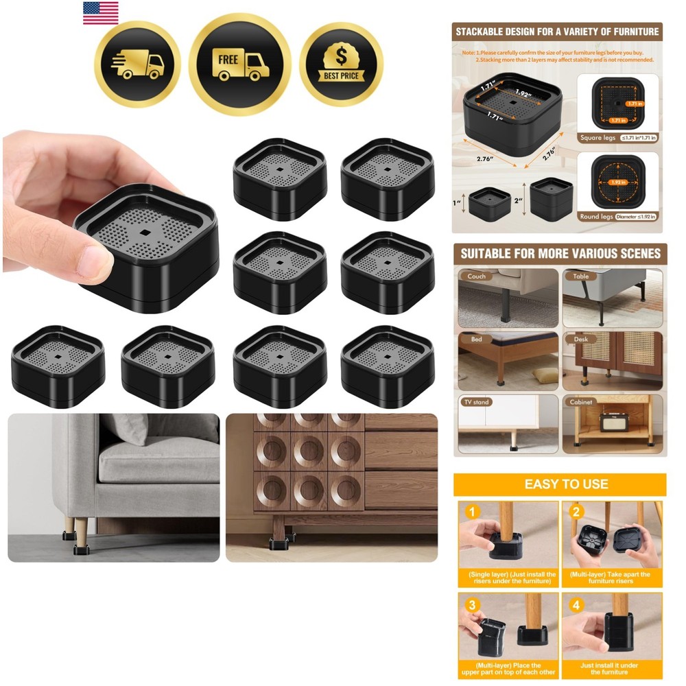 8 Pack Adjustable Bed Risers - Heavy Duty Stackable Furniture Lifts (1-2 Inch)