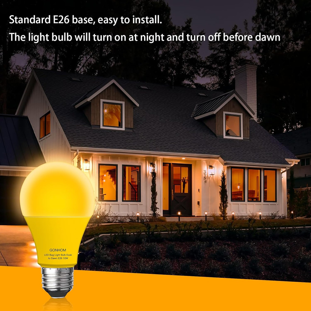 Dusk to Dawn Bug Light Bulb Outdoor,2 Pack Amber Bug Light Bulb,Auto On/Off,10W(