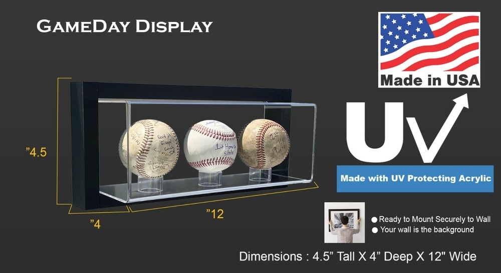 Framed Acrylic Wall Mount 3 Baseball Display Case UV Protecting Secure Mount