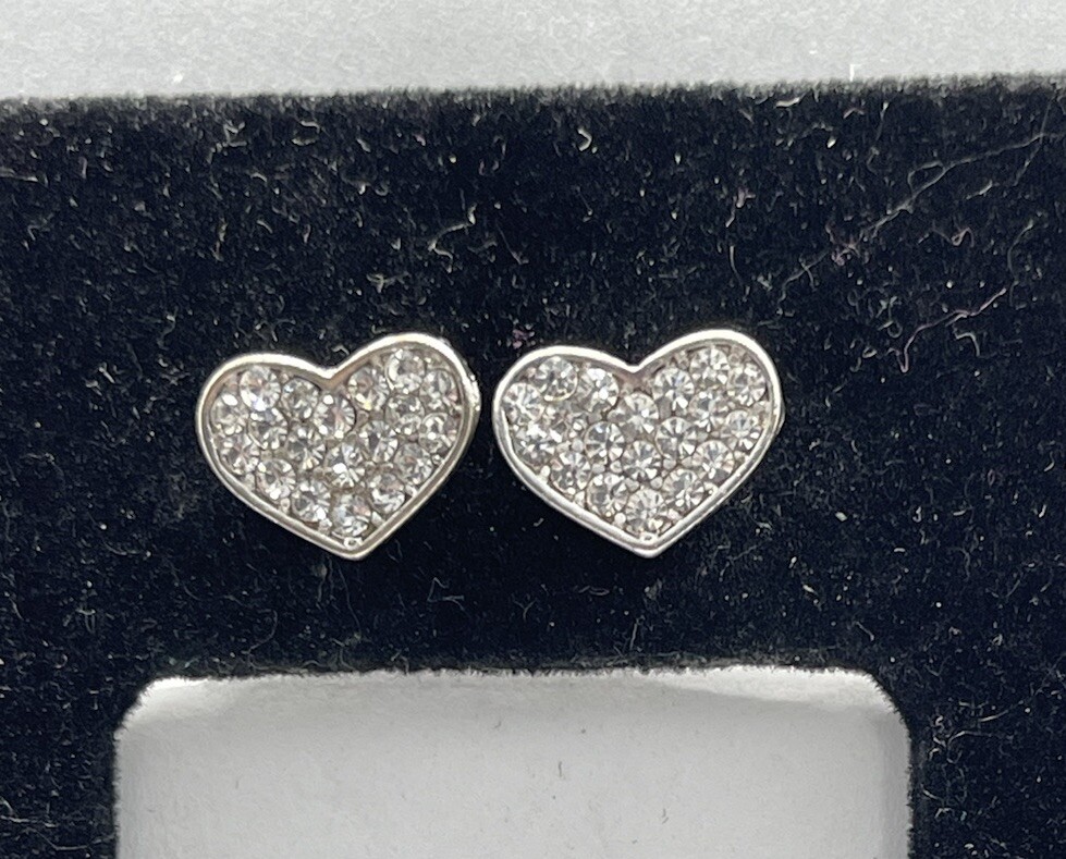 Vintage Pavee Rhinestone Heart Silvertone Stud Earrings