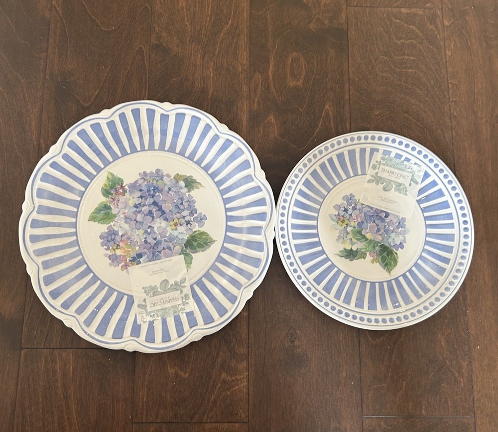 Shabby Chic 8 Pc Melamine Dinnerware Set Hydrangeas Striped Floral New