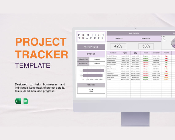 Project Tracker Excel Template | Task Management Spreadsheet | Budget planner