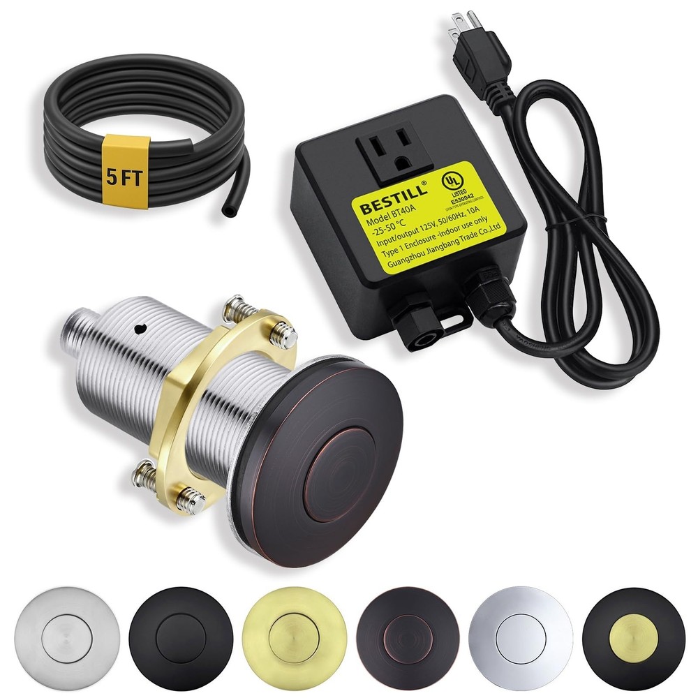 Air Switch Kit for Garbage Disposal - Metal Push Button, UL Listed, Solid Brass,