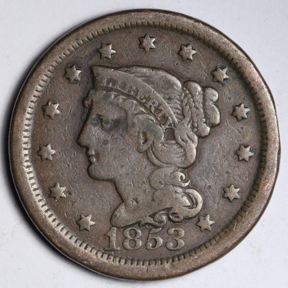 1853 Braided Hair Large Cent CHOICE VF E208 ACL