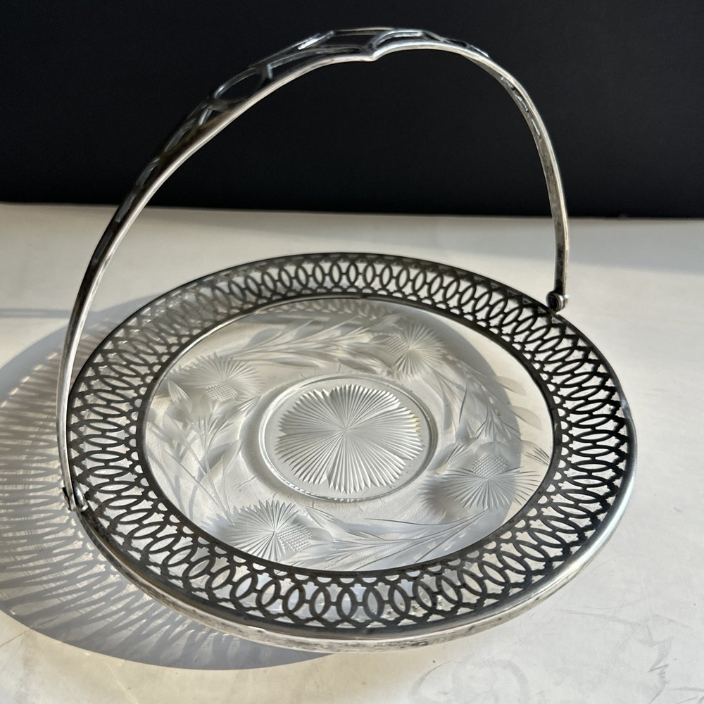 Webster Antique Sterling Silver Cut Glass Basket Candy Dish Folding Handle 5"