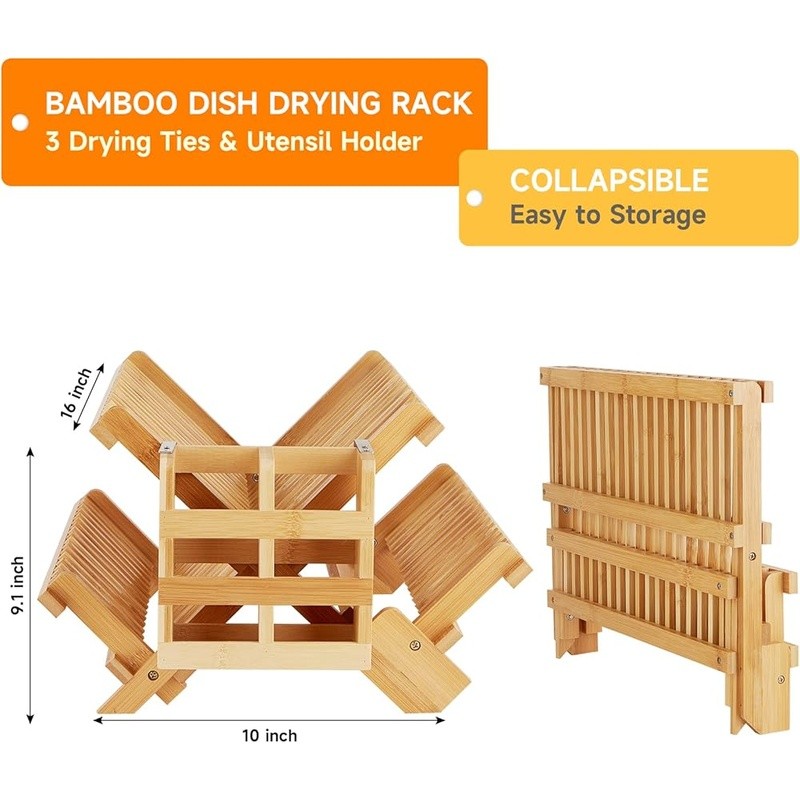Natural Bamboo Dish Drying Rack Collapsible Utensil Holder Kitchen Organizer New