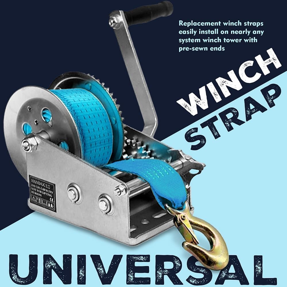 Heavy-Duty Boat Winch Strap with Hook Replacement 2 inches x 20 feet, Blue