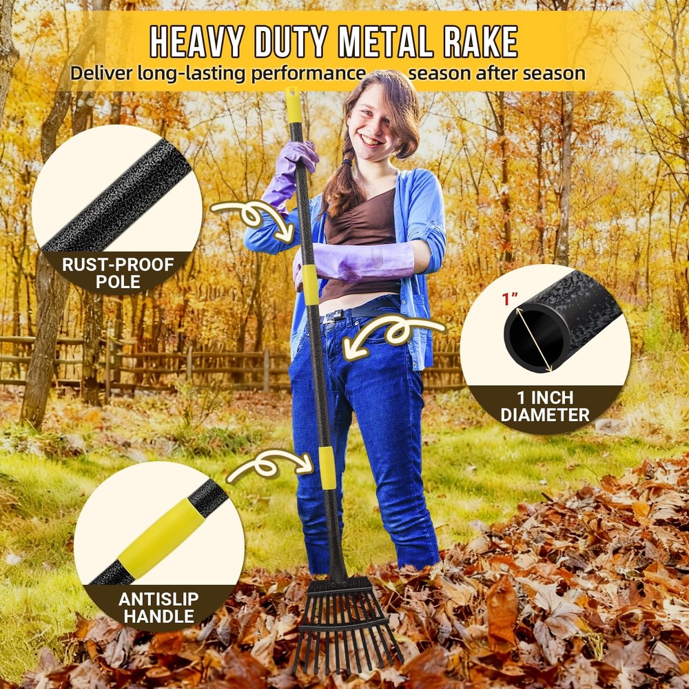 Leaf Rake, Small Rake for Leaves with 30"-60" Adjustable Long Handle, 11 Tine...