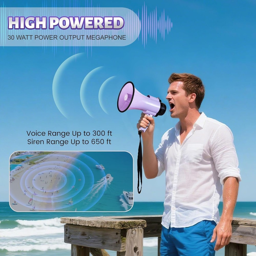 Lightweight 30W Megaphone with Voice Amplification & Long Range - Easy Carry
