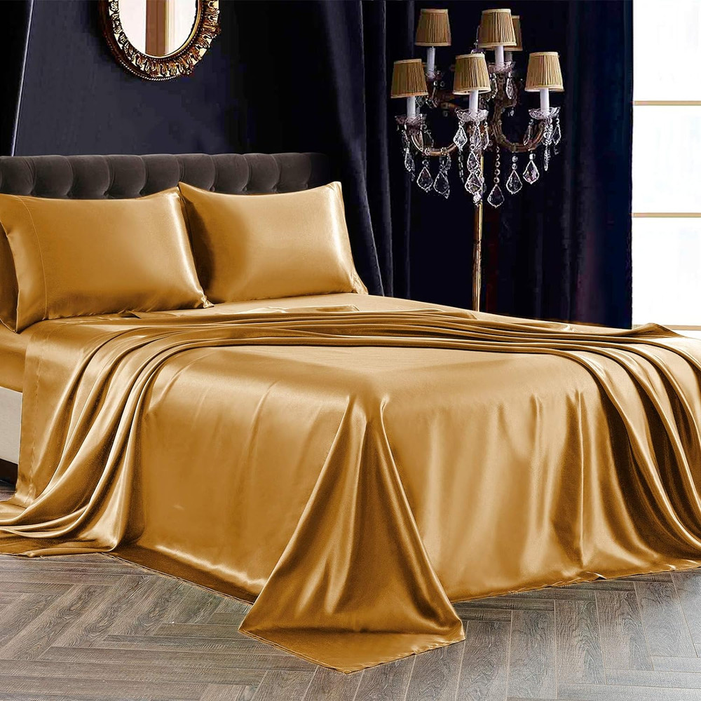 Queen Satin Sheet Set Gold 4PCS Silky Soft Deep Pocket Bedding