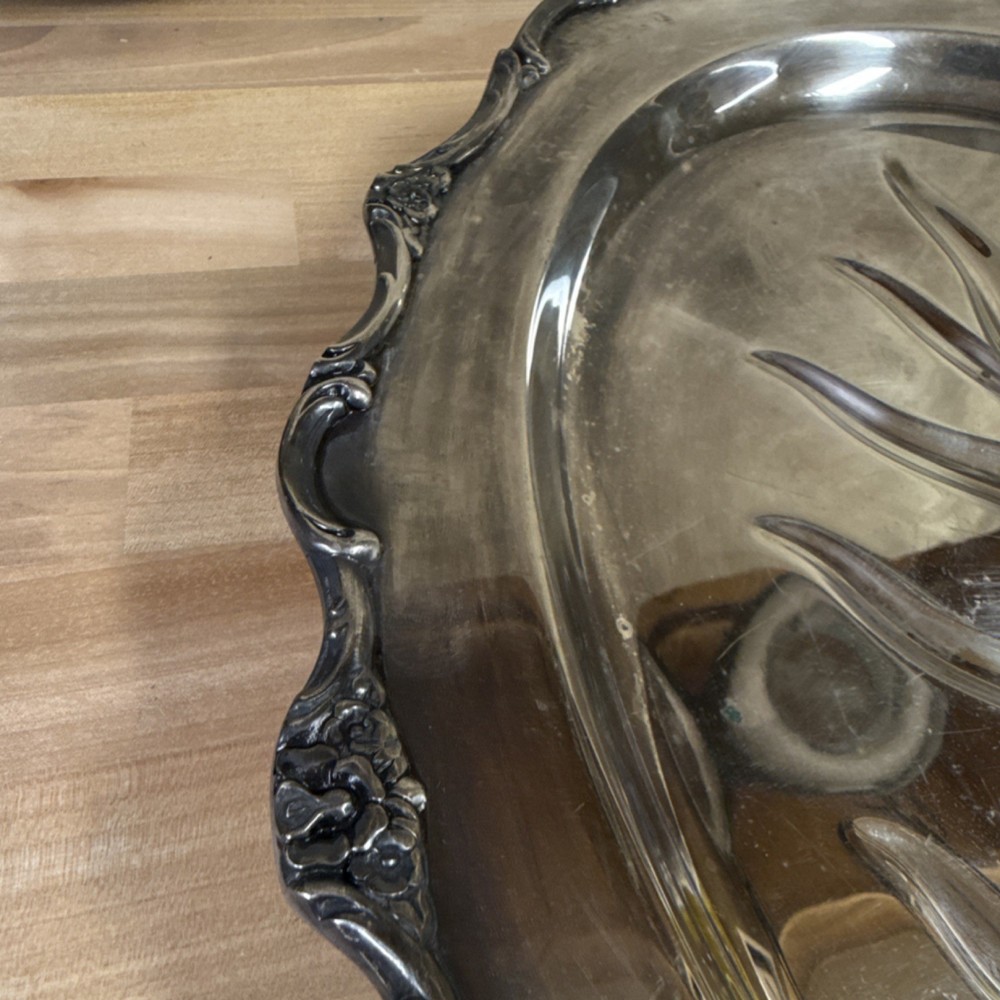 Roger and Bros Silver Footed Platter with Floral Pattern, Antique Style