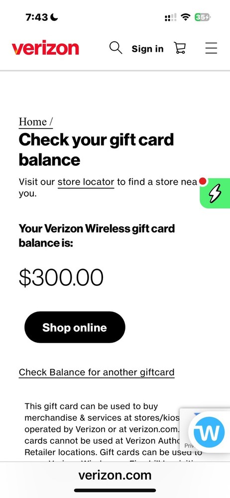 Verizon Wireless E-Gift Card $300