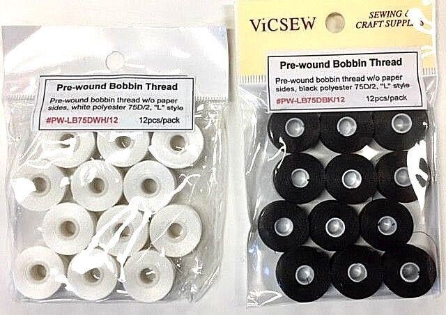 Pre-wound Bobbin Thread Polyester  75D/2  "L" Size  Black or White Colour