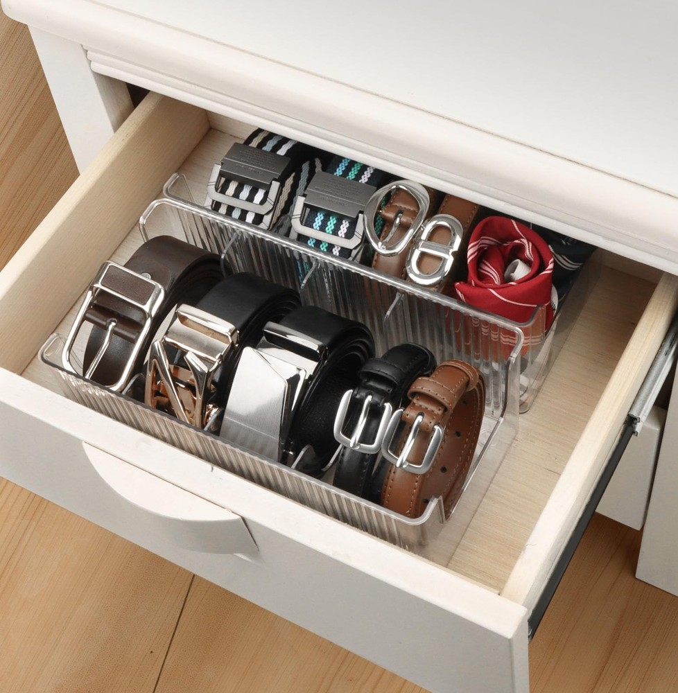 2 Pack Acrylic Belt Organizer, 4 Adjustable Compartments, Stackable, Clear