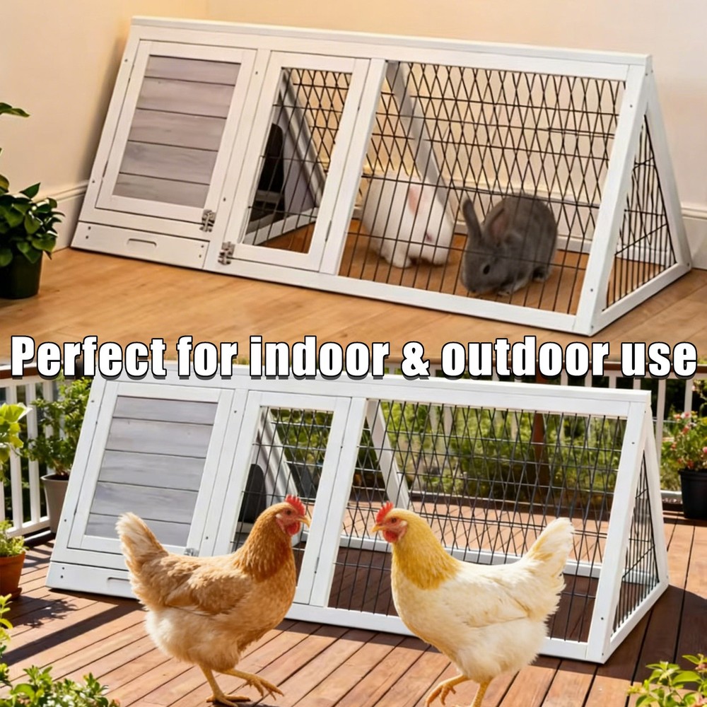 A-Frame Small Chicken Coop with Nesting Box, Egg Door & Wire Mesh Run, White