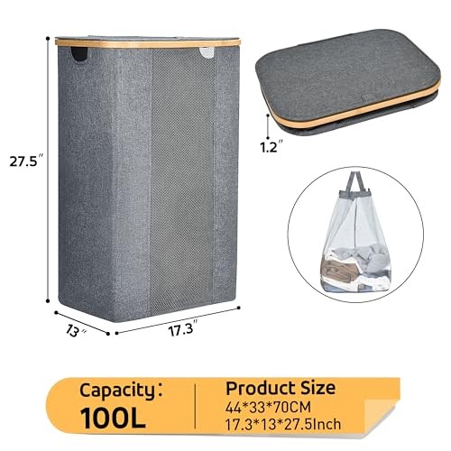 Laundry Basket Collapsible Laundry Baskets with Removable Liner and 100L Grey