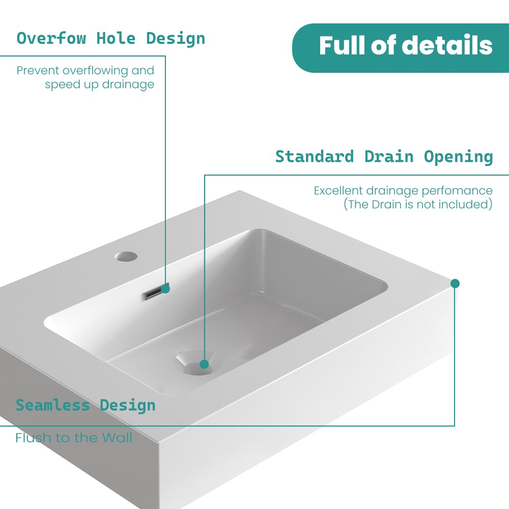 BB02-24-101, Integrated solid surface basin WITHOUT drain & faucet, glossy white