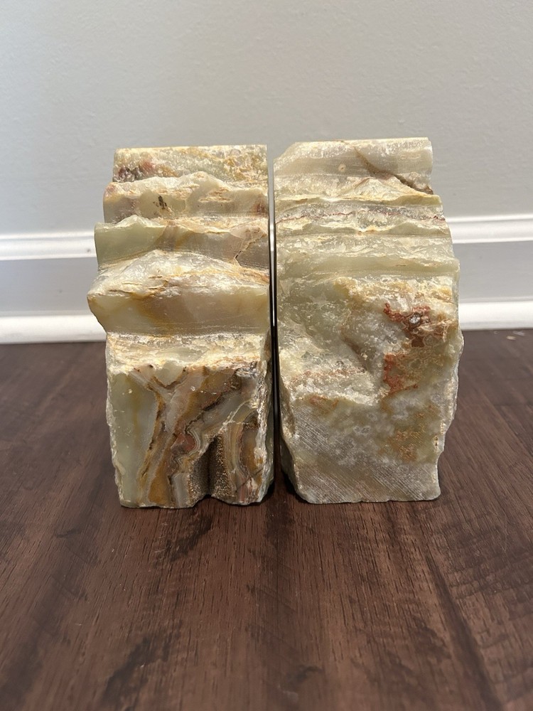 Vintage Heavy Solid Onyx Bookends Banded Stone Mid Century Decor