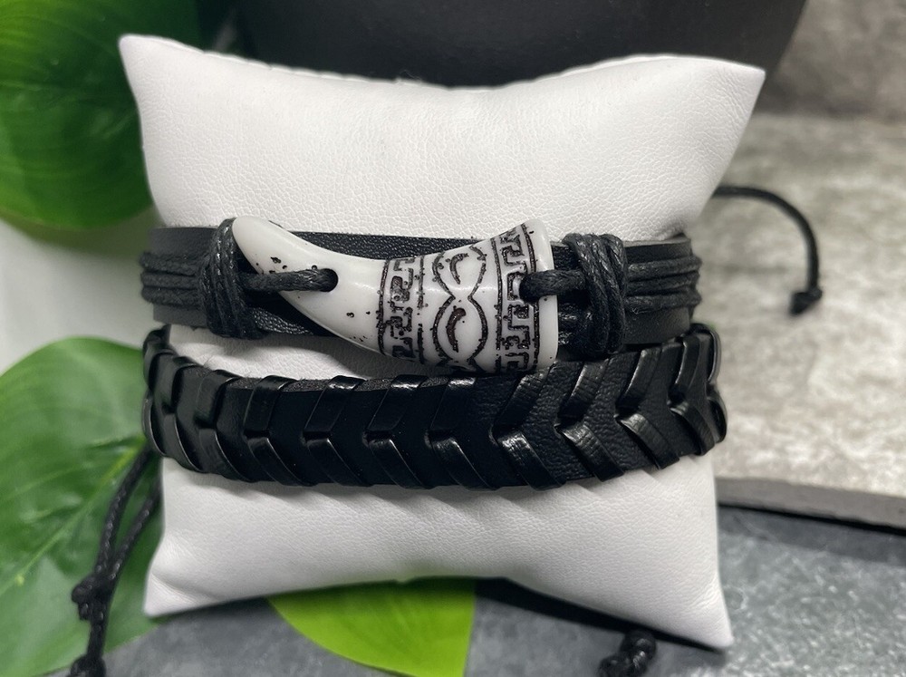 2 PC PU Leather Wood Bracelet  Stackable Adjustable Tie Free Ship  B3297