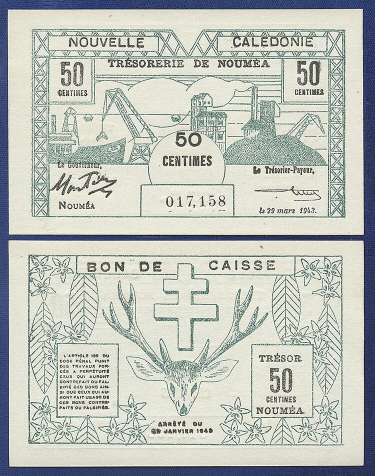NEW CALEDONIA 50 CENTIMES 1942 CHOICE UNC+