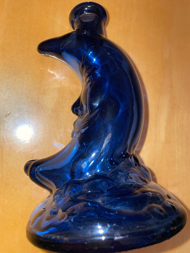 Vintage Crescent Moon Face cherub flashed Cobalt Blue Glass