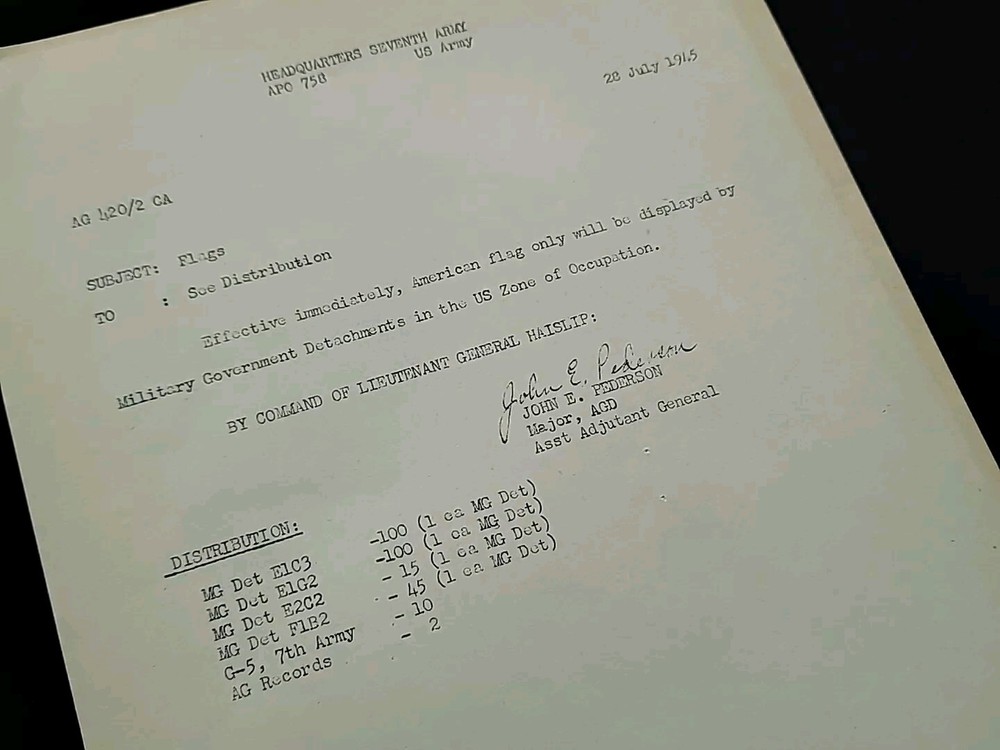 1945 German WWII US Army War Military Document Display US Flags Occupied Germany