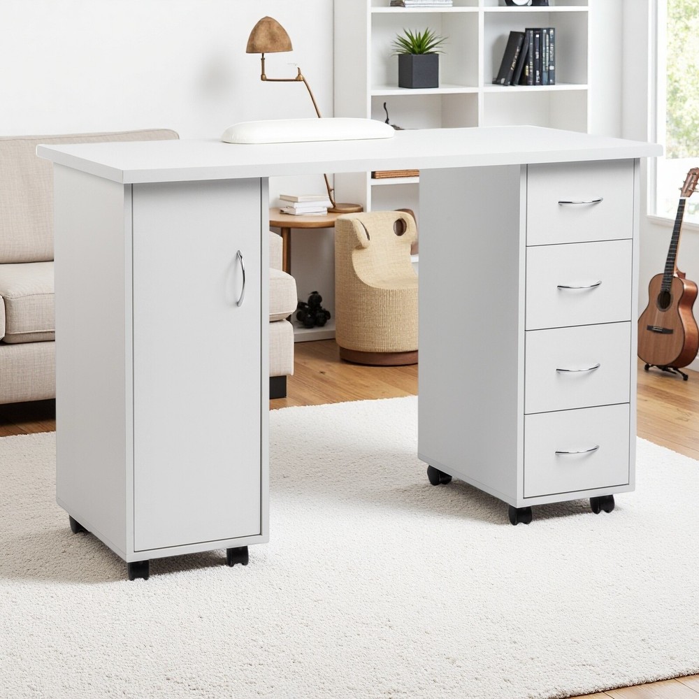 Rolling Computer Desk - White, 4-Drawer, 2 Shelves Storage & MDF ​Nail Table​